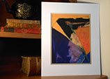 Watercolor Sunrise in Purple and Gold by artist Susan Ray Euler photographed in room setting.