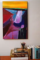 Abstract acrylic painting Atlantic Sunrise by artist Susan Euler photographed in a room setting.