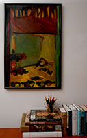 Oil painting Forest Fire by artist Susan Ray Euler photographed in a room setting.