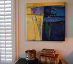 Acrylic painting Landscape in Blue and Gold by Susan Ray Euler photographed in room setting.