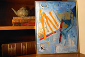 Abstract Expressionist acrylic painting and collage Moonrise by Susan Euler photographed in room setting.