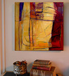 Acrylic painting Landscape in Blue and Gold by Susan Ray Euler photographed in room setting.