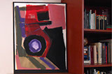 Large scale acrylic and tempera painting on paper Stoplight by Susan Euler in room setting.