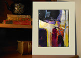 Abstract Expressionist acrylic painting and collage Moonrise by Susan Euler photographed in room setting.