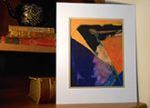 Watercolor Sunrise in Purple and Gold by artist Susan Ray Euler photographed in room setting.