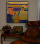 Abstract Expressionist painting of Donner Summit, California by artist Susan Euler photographed in room setting.